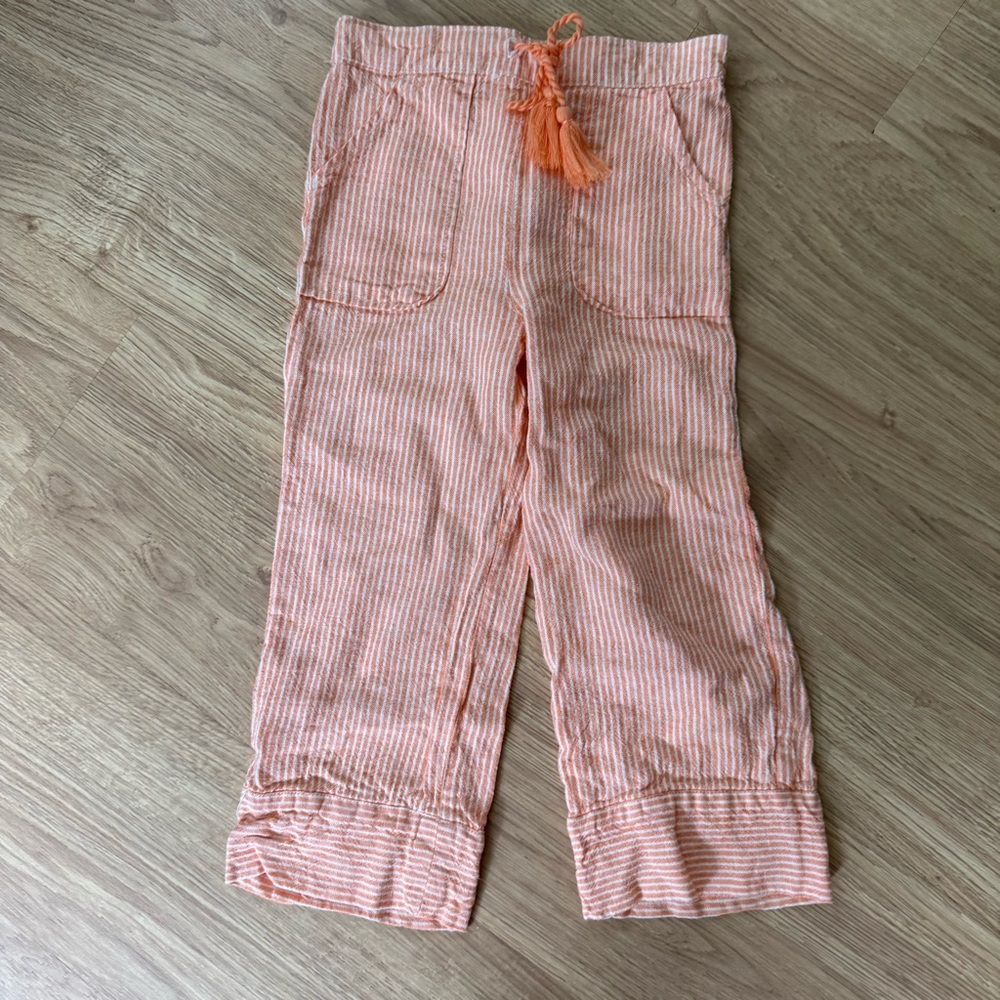 Copper Key Striped Orange Linen Pants with Tassel Tie